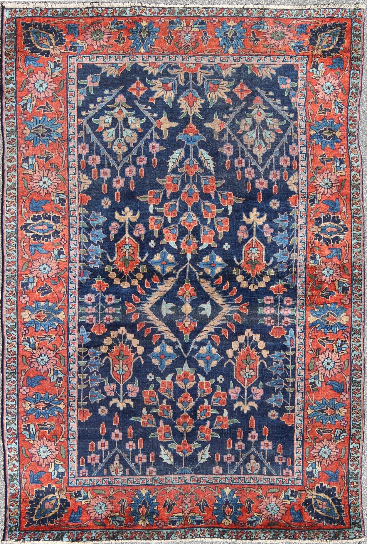 Antique Persian Tabriz Carpet with Botanical Elements in Navy Blue, Red - Orange Antique Persian Tabriz Carpet with Botanical Elements rug/c - 0705, origin/iran kwarugs This spectacular antique Persian Tabriz from the early 20th century bears... - Keivan Woven ArtsC - 0705 - 888Rug