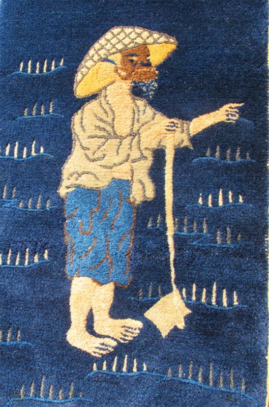 Chinese Peking Carpet Featuring Lone Man in Sapphire and Golden Yellow Tones Alive with color, this beautiful antique Peking Chinese rug features a traditional Chinese design in navy blue and golden yellow tones. Handwoven in China in the early ... - Keivan Woven ArtsC - 0910 - 1736Rug
