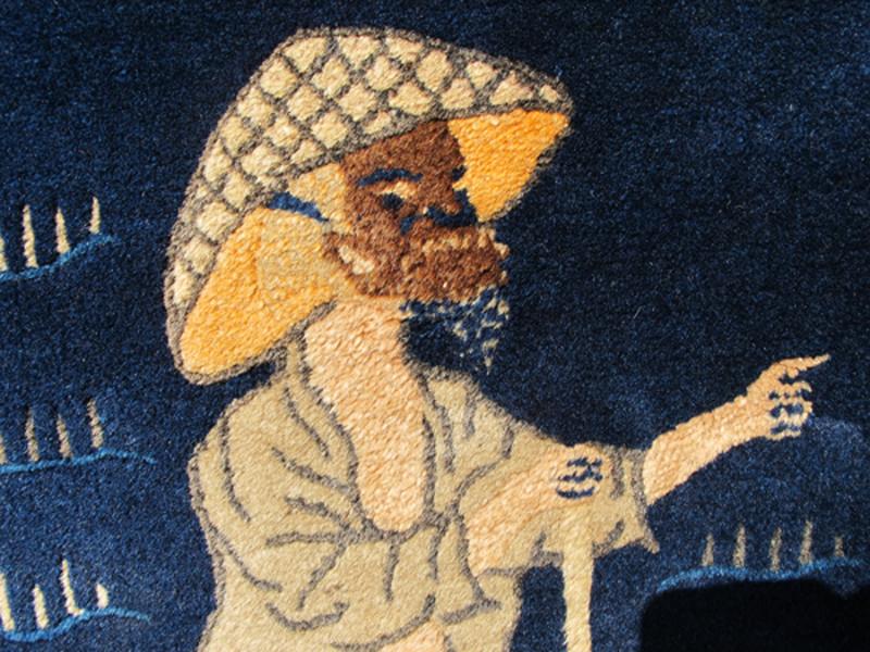 Chinese Peking Carpet Featuring Lone Man in Sapphire and Golden Yellow Tones Alive with color, this beautiful antique Peking Chinese rug features a traditional Chinese design in navy blue and golden yellow tones. Handwoven in China in the early ... - Keivan Woven ArtsC - 0910 - 1736Rug