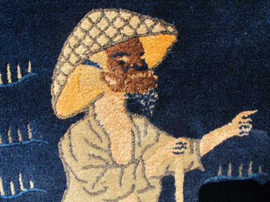 Chinese Peking Carpet Featuring Lone Man in Sapphire and Golden Yellow Tones Alive with color, this beautiful antique Peking Chinese rug features a traditional Chinese design in navy blue and golden yellow tones. Handwoven in China in the early ... - Keivan Woven ArtsC - 0910 - 1736Rug