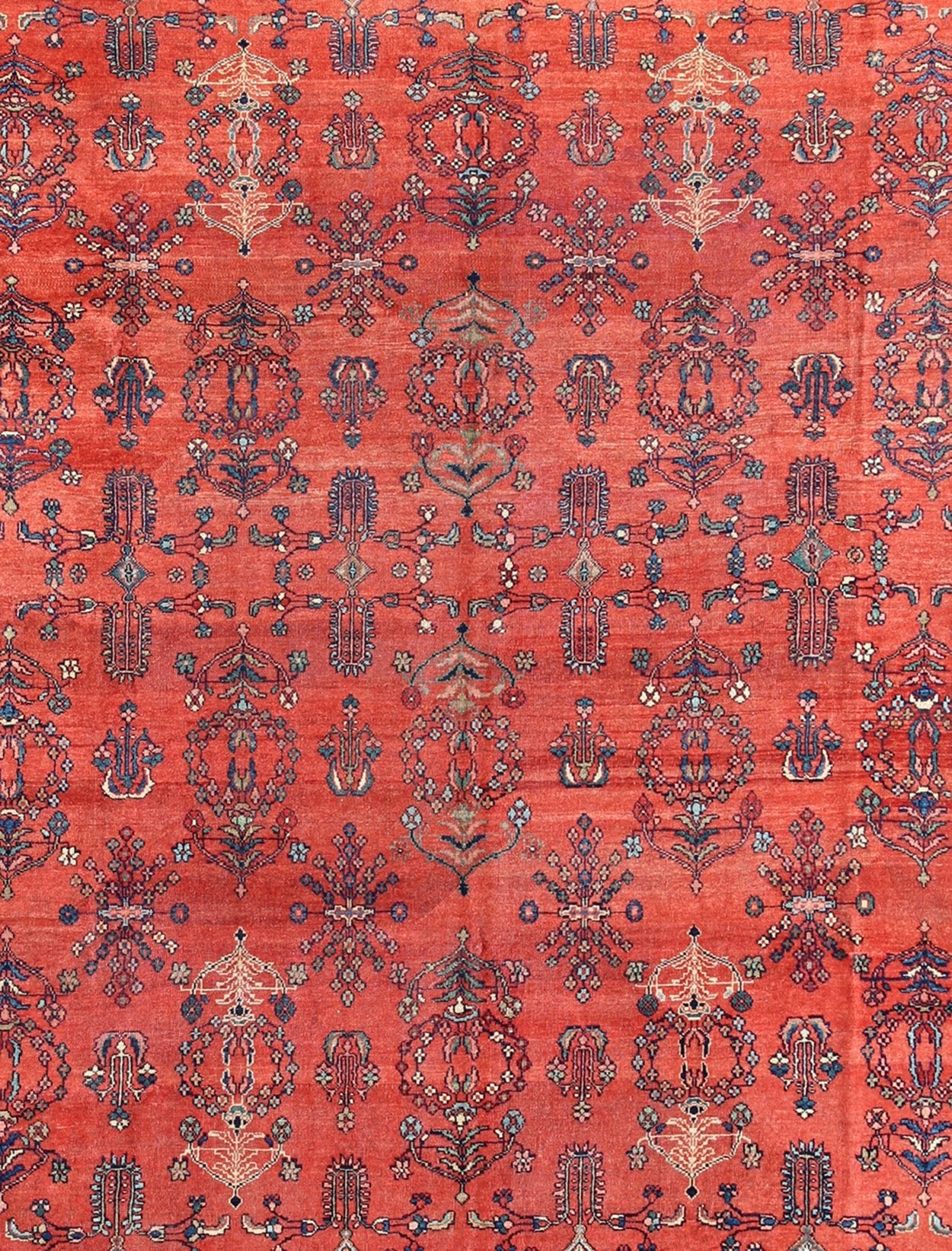 Square - Sized Antique Persian Sultanabad Rug in Terracotta Red and Medium Blue. Keivan Woven Arts / Rug/ C - 0919, country of origin / type: Iran / Sultanabad, circa 1900. Measures: 10'7 x 11'9. This antique Persian Sultanabad from the turn of 20th... - Keivan Woven ArtsC - 0919 - 499Rug