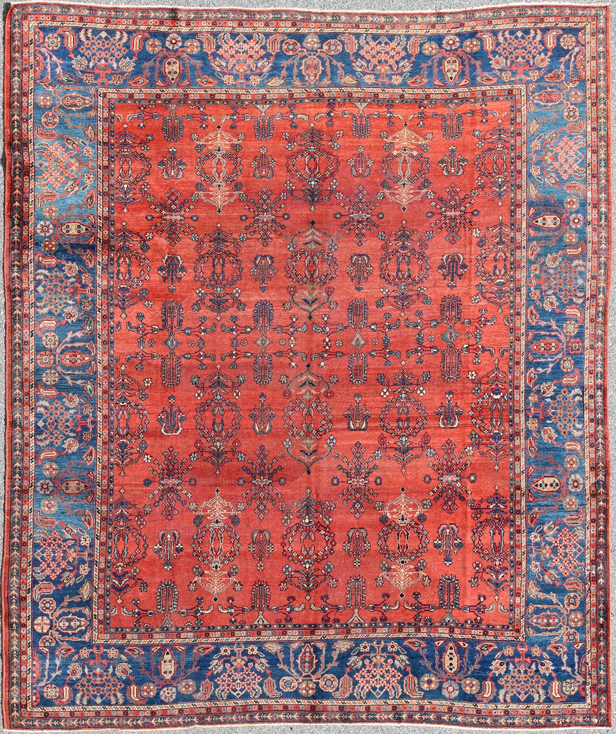 Square - Sized Antique Persian Sultanabad Rug in Terracotta Red and Medium Blue. Keivan Woven Arts / Rug/ C - 0919, country of origin / type: Iran / Sultanabad, circa 1900. Measures: 10'7 x 11'9. This antique Persian Sultanabad from the turn of 20th... - Keivan Woven ArtsC - 0919 - 499Rug