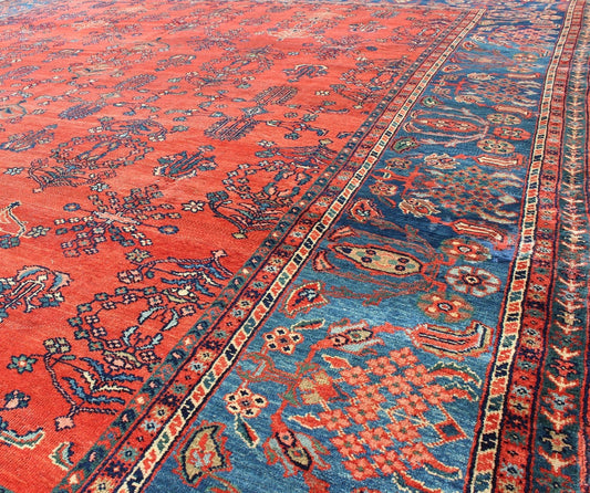 Square - Sized Antique Persian Sultanabad Rug in Terracotta Red and Medium Blue. Keivan Woven Arts / Rug/ C - 0919, country of origin / type: Iran / Sultanabad, circa 1900. Measures: 10'7 x 11'9. This antique Persian Sultanabad from the turn of 20th... - Keivan Woven ArtsC - 0919 - 499