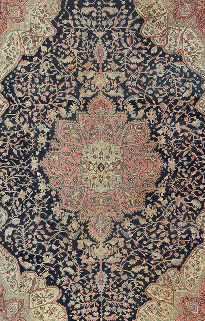 Antique Sarouk Farahan with Floral Motifs in Salmon, Green, Beige and Navy Blue. Keivan Woven Arts / rug / C - 1002, country of origin / type: Iran / Antique Persian Feraghan Sarouk , circa 1900. This outstanding antique Farahan Sarouk rug, from l... - Keivan Woven ArtsC - 1002 - 511Rug