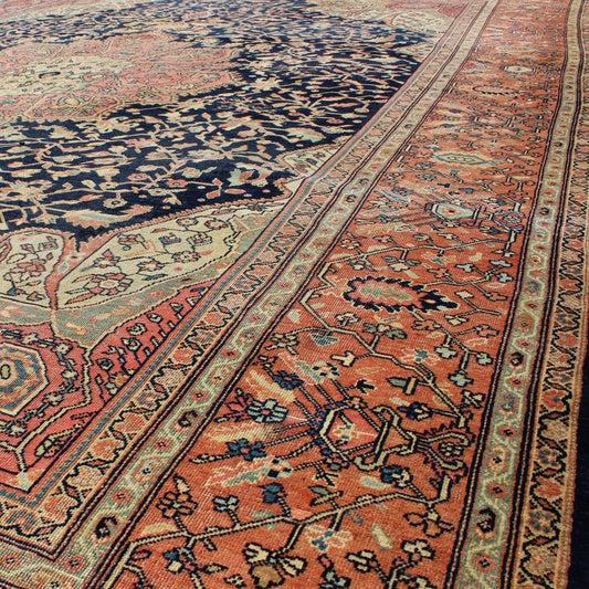 Antique Sarouk Farahan with Floral Motifs in Salmon, Green, Beige and Navy Blue. Keivan Woven Arts / rug / C - 1002, country of origin / type: Iran / Antique Persian Feraghan Sarouk , circa 1900. This outstanding antique Farahan Sarouk rug, from l... - Keivan Woven ArtsC - 1002 - 511Rug