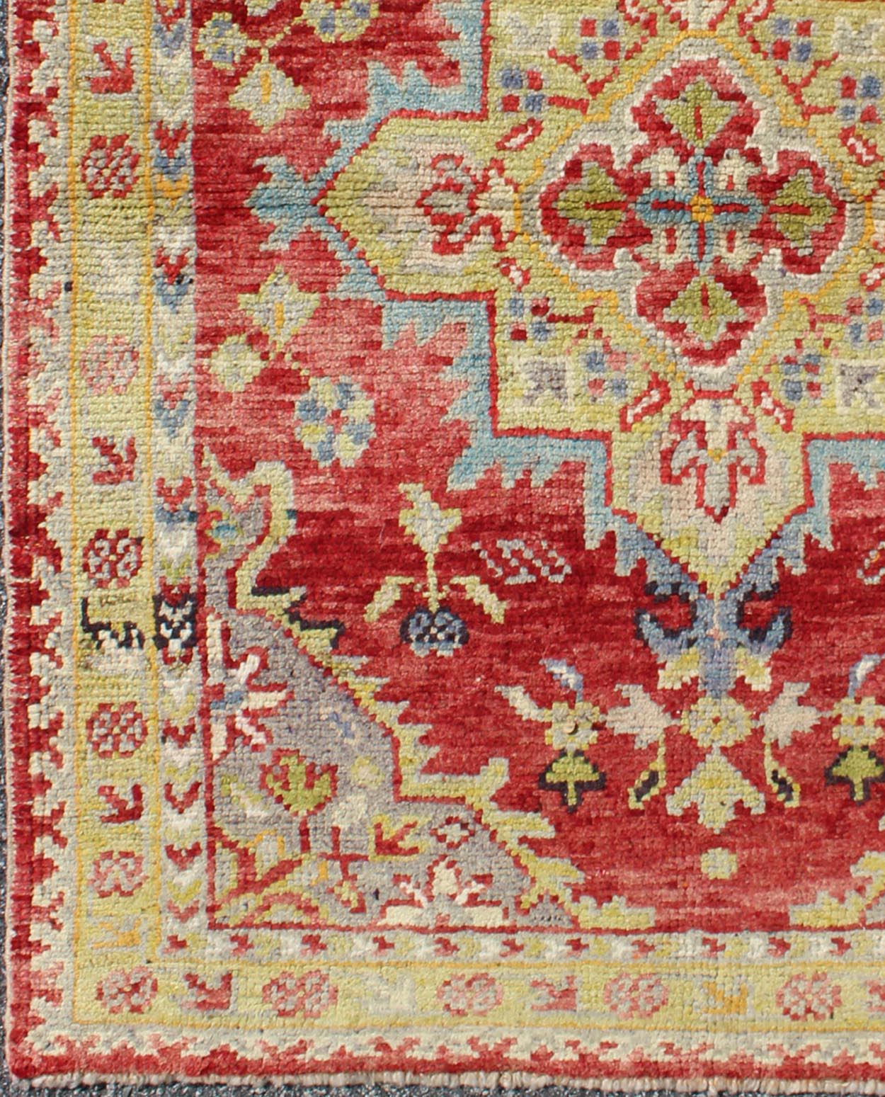 Antique Turkish Oushak Medallion Rug in Red, Lime Green, Chartreus green, Gray & Light Blue. Central Medallion Antique Turkish Oushak Rug in Red, Lime Green, Gray, light blue and Ivory, Keivan Woven Arts/ rug CA - 12733, country of origin / type:... - Keivan Woven ArtsCA - 12733 - 1084Rug