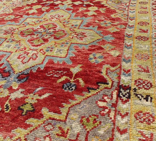 Antique Turkish Oushak Medallion Rug in Red, Lime Green, Chartreus green, Gray & Light Blue. Central Medallion Antique Turkish Oushak Rug in Red, Lime Green, Gray, light blue and Ivory, Keivan Woven Arts/ rug CA - 12733, country of origin / type:... - Keivan Woven ArtsCA - 12733 - 1084Rug