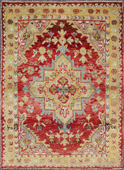 Antique Turkish Oushak Medallion Rug in Red, Lime Green, Chartreus green, Gray & Light Blue. Central Medallion Antique Turkish Oushak Rug in Red, Lime Green, Gray, light blue and Ivory, Keivan Woven Arts/ rug CA - 12733, country of origin / type:... - Keivan Woven ArtsCA - 12733 - 1084Rug