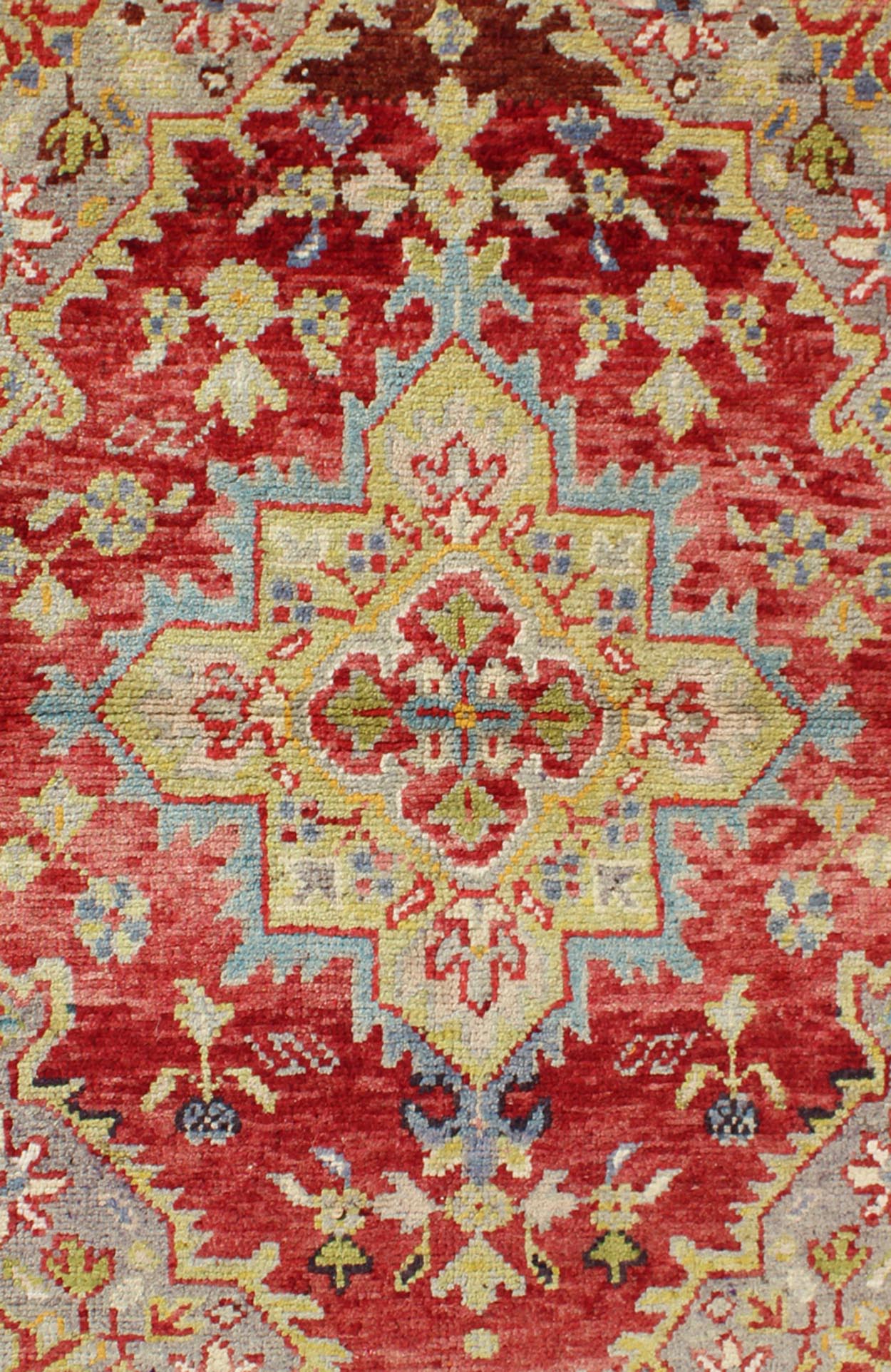 Antique Turkish Oushak Medallion Rug in Red, Lime Green, Chartreus green, Gray & Light Blue. Central Medallion Antique Turkish Oushak Rug in Red, Lime Green, Gray, light blue and Ivory, Keivan Woven Arts/ rug CA - 12733, country of origin / type:... - Keivan Woven ArtsCA - 12733 - 1084Rug