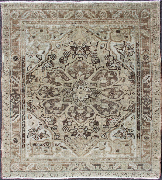 Square - Sized Medallion Heriz Rug in Natural Color Tones Vintage Persian Carpet with Taupe, Brown, Ivory Medallion Design, ca - 13541, country of origin / type: Iran / Heriz, circa 1950 This nearly square - shaped Heriz carpet from mid - century... - Keivan Woven ArtsCA - 13541 - 1285Rug