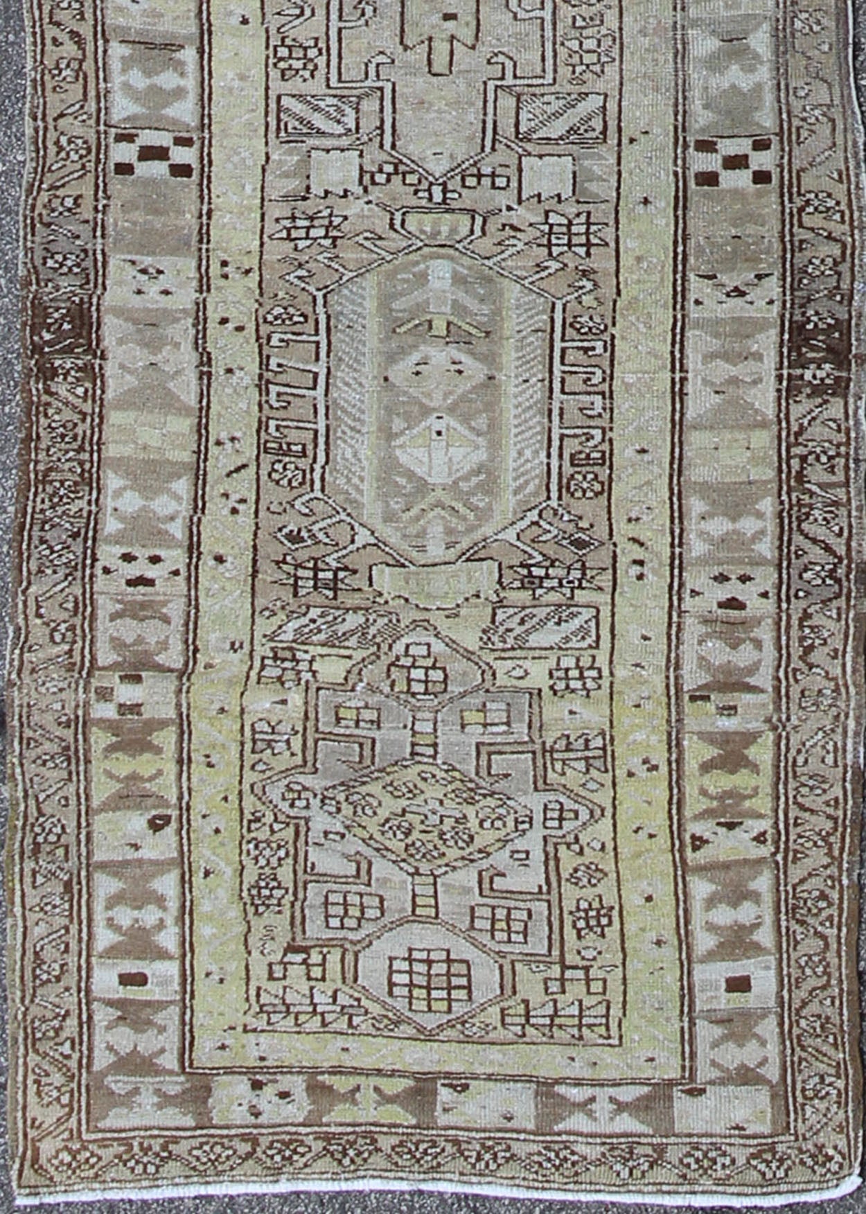 Antique Heriz Runner With Geometric Design in Taupe, Yellow Green, Olive & Brown. Long Antique Heriz Runner, rug /CA - 2440, country of origin / type: Persia / Heriz, circa 1930. This magnificent antique long Heriz runner from the early 20th Centur... - Keivan Woven ArtsCA - 2440 - 277