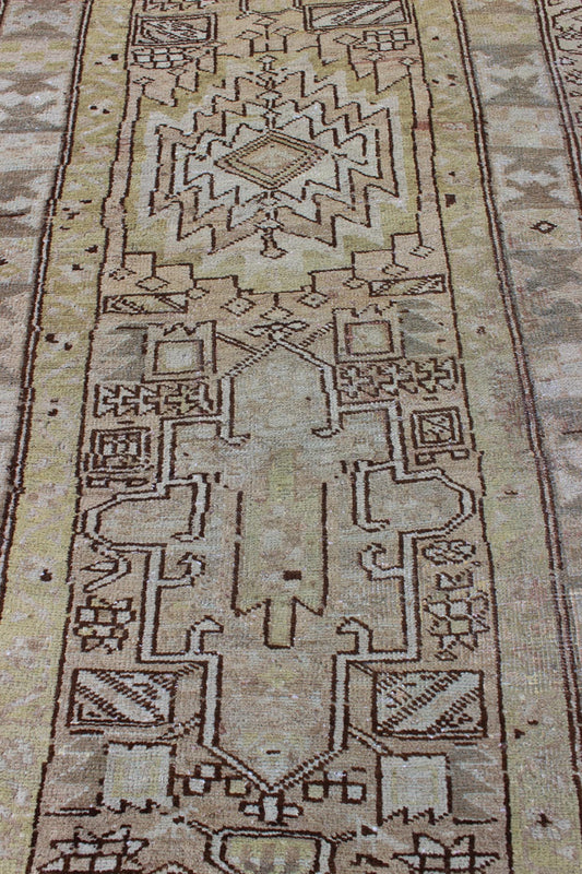Antique Heriz Runner With Geometric Design in Taupe, Yellow Green, Olive & Brown. Long Antique Heriz Runner, rug /CA - 2440, country of origin / type: Persia / Heriz, circa 1930. This magnificent antique long Heriz runner from the early 20th Centur... - Keivan Woven ArtsCA - 2440 - 277