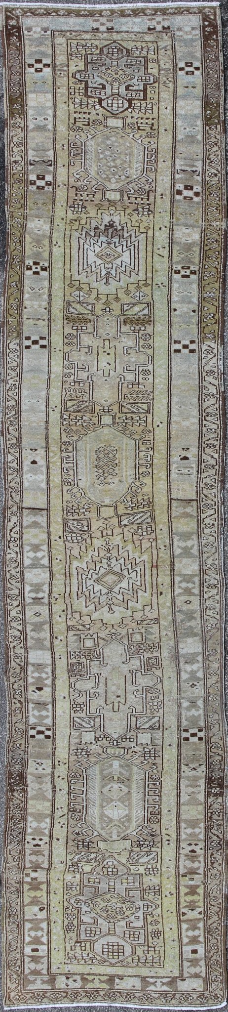 Antique Heriz Runner With Geometric Design in Taupe, Yellow Green, Olive & Brown. Long Antique Heriz Runner, rug /CA - 2440, country of origin / type: Persia / Heriz, circa 1930. This magnificent antique long Heriz runner from the early 20th Centur... - Keivan Woven ArtsCA - 2440 - 277