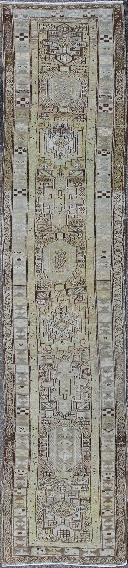 Antique Heriz Runner With Geometric Design in Taupe, Yellow Green, Olive & Brown. Long Antique Heriz Runner, rug /CA - 2440, country of origin / type: Persia / Heriz, circa 1930. This magnificent antique long Heriz runner from the early 20th Centur... - Keivan Woven ArtsCA - 2440 - 277