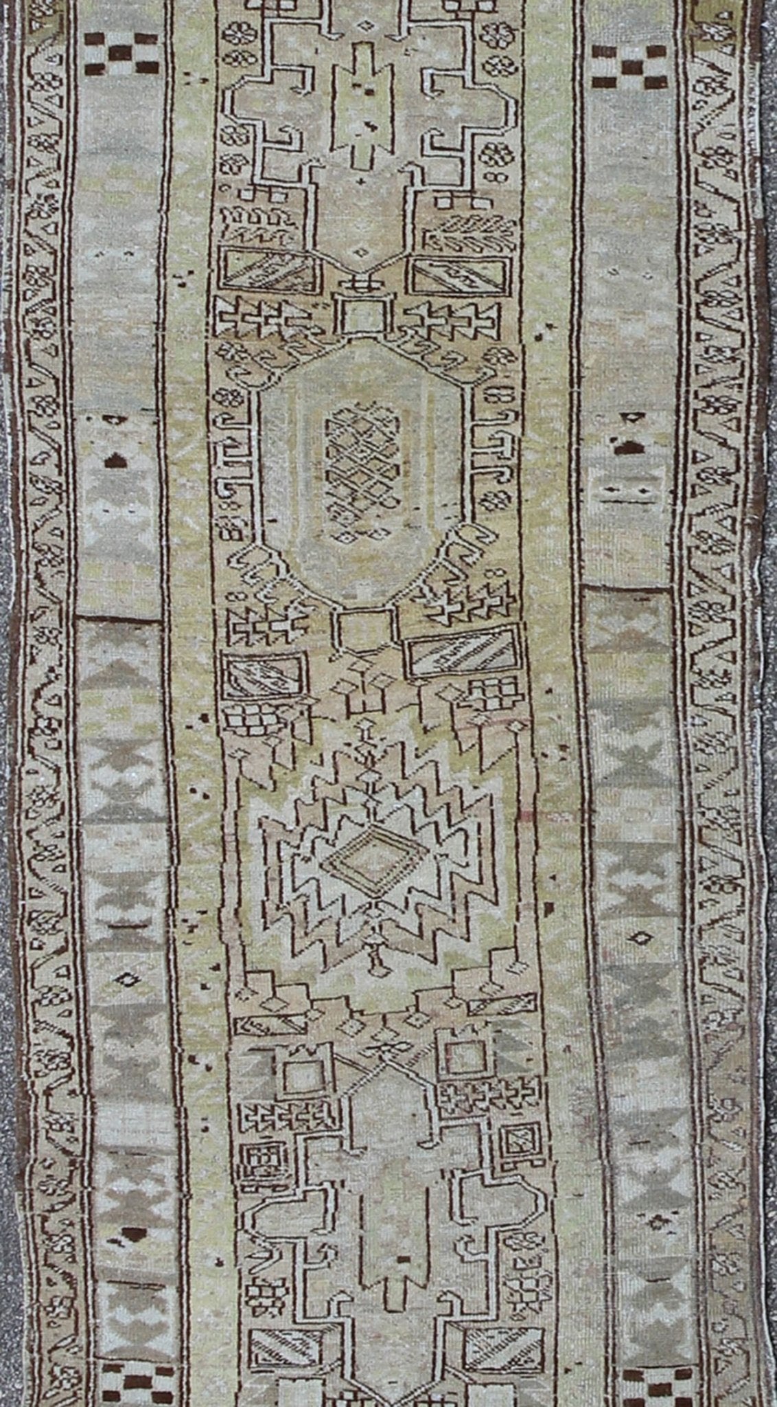 Antique Heriz Runner With Geometric Design in Taupe, Yellow Green, Olive & Brown. Long Antique Heriz Runner, rug /CA - 2440, country of origin / type: Persia / Heriz, circa 1930. This magnificent antique long Heriz runner from the early 20th Centur... - Keivan Woven ArtsCA - 2440 - 277