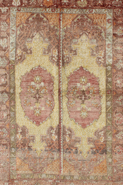 Oushak Rug with Two Medallion Panels in Yellow, Brown, Orange and Soft Red Unique midcentury Turkish Oushak rug with two medallion panels in yellow, brown, orange and soft red, Keivan Woven Arts / rug CA - 92941, country of origin / type: Turkey /... - Keivan Woven ArtsCA - 92941 - A - 996Rug