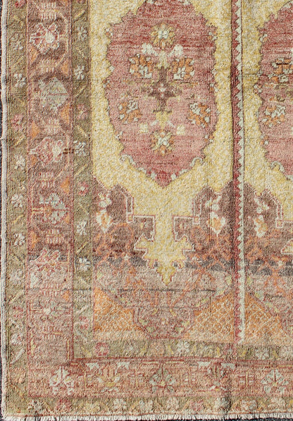 Oushak Rug with Two Medallion Panels in Yellow, Brown, Orange and Soft Red Unique midcentury Turkish Oushak rug with two medallion panels in yellow, brown, orange and soft red, Keivan Woven Arts / rug CA - 92941, country of origin / type: Turkey /... - Keivan Woven ArtsCA - 92941 - A - 996Rug