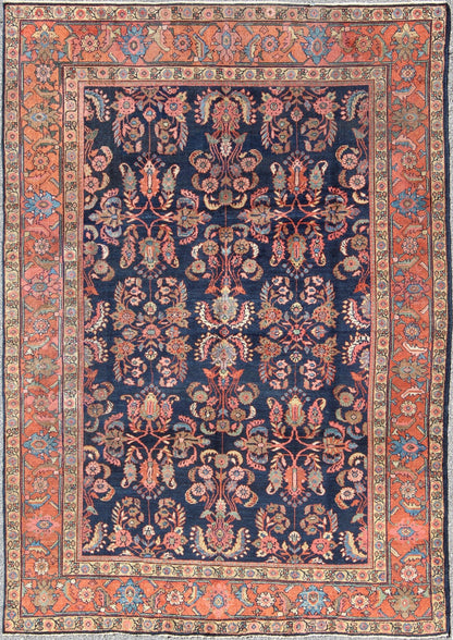 Antique Mahal Rug with Dark Blue Field & Coral Red Border Filled with Floral Motifs. Antique Mahal with Floral design. Keivan Woven Arts / rug CAM - B59, country of origin / type: Iran / Mahal/Sultanabad , circa 1920. Measures: 8 x 11'0. T... - Keivan Woven ArtsCAM - B59 - 736Rug