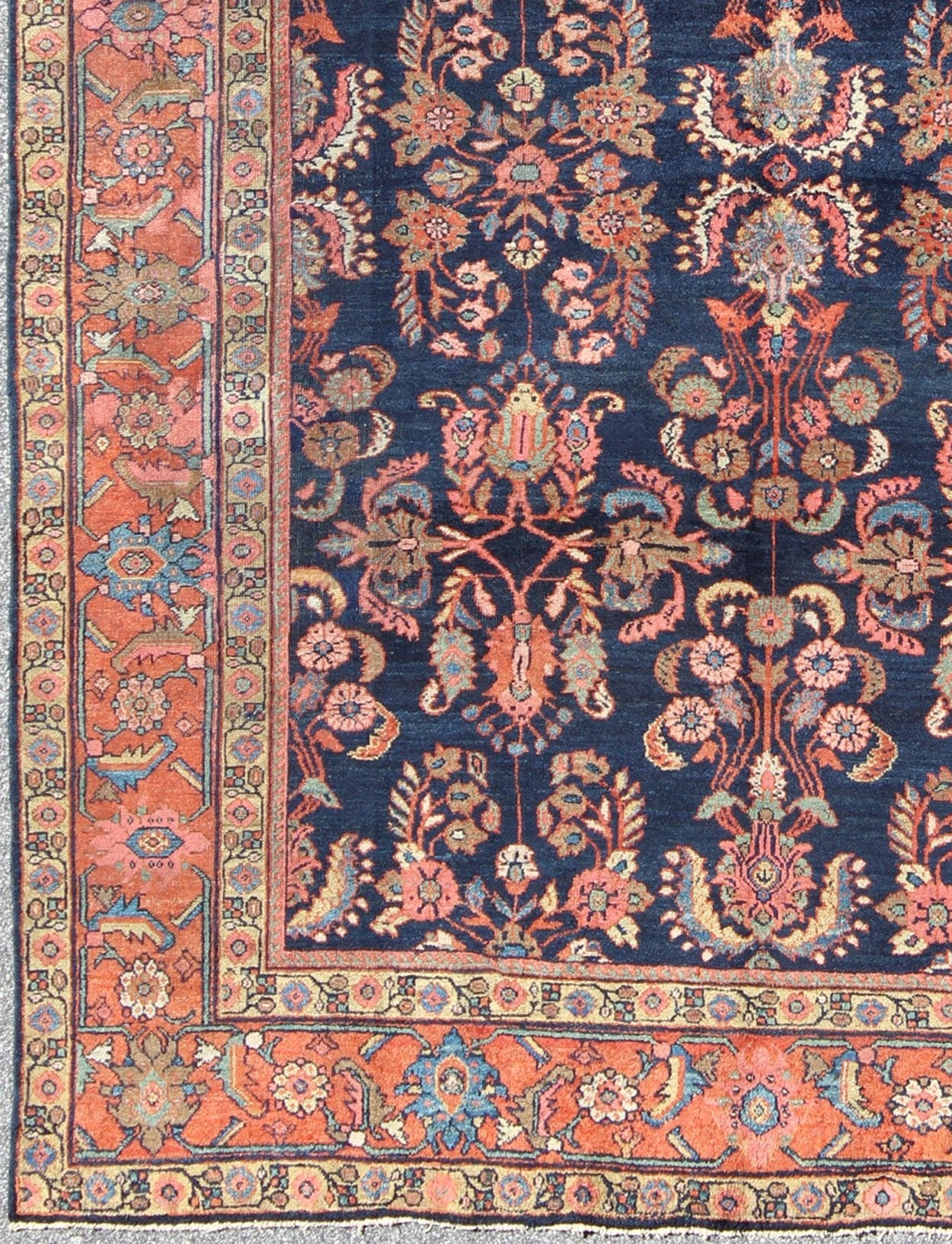 Antique Mahal Rug with Dark Blue Field & Coral Red Border Filled with Floral Motifs. Antique Mahal with Floral design. Keivan Woven Arts / rug CAM - B59, country of origin / type: Iran / Mahal/Sultanabad , circa 1920. Measures: 8 x 11'0. T... - Keivan Woven ArtsCAM - B59 - 736Rug