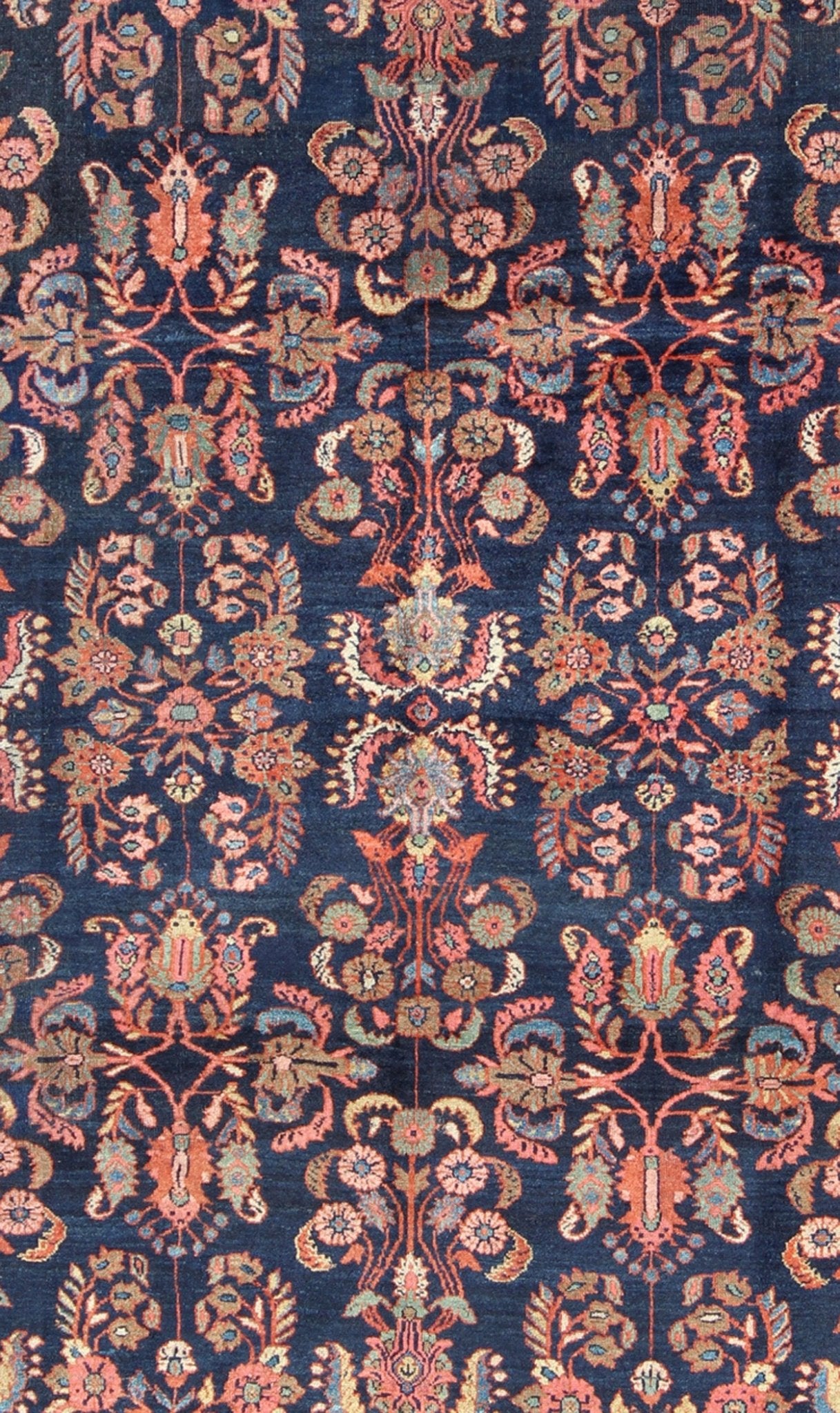 Antique Mahal Rug with Dark Blue Field & Coral Red Border Filled with Floral Motifs. Antique Mahal with Floral design. Keivan Woven Arts / rug CAM - B59, country of origin / type: Iran / Mahal/Sultanabad , circa 1920. Measures: 8 x 11'0. T... - Keivan Woven ArtsCAM - B59 - 736Rug