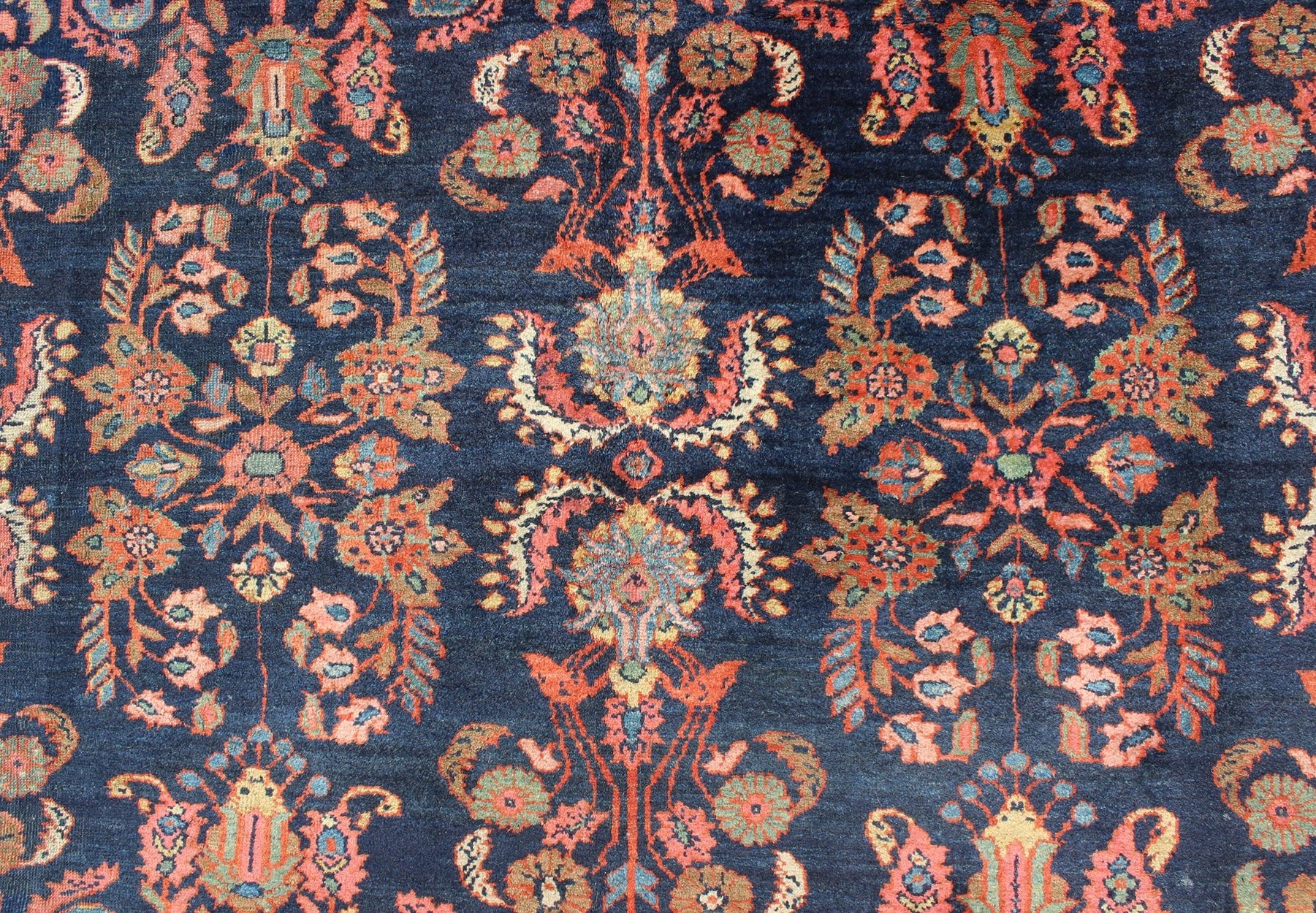 Antique Mahal Rug with Dark Blue Field & Coral Red Border Filled with Floral Motifs. Antique Mahal with Floral design. Keivan Woven Arts / rug CAM - B59, country of origin / type: Iran / Mahal/Sultanabad , circa 1920. Measures: 8 x 11'0. T... - Keivan Woven ArtsCAM - B59 - 736Rug