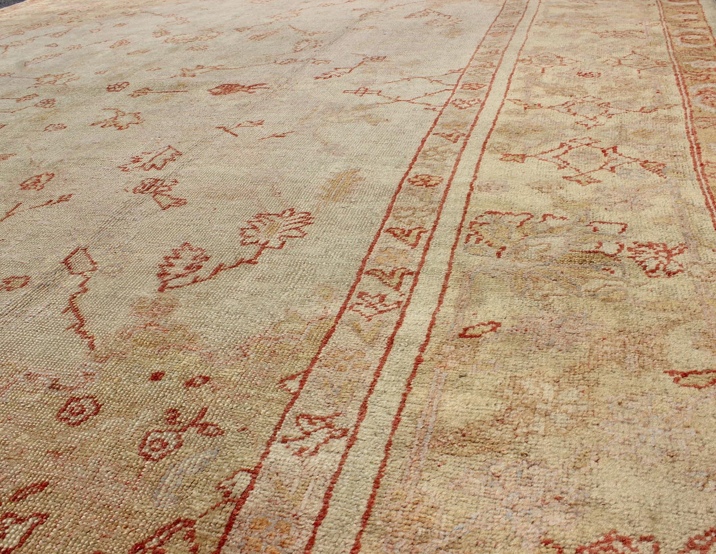 Antique Turkish Oushak Carpet In Red, Cream, and Yellow with A Muted Design. Keivan Woven Arts / rug CHM - 1623, country of origin / type: Turkey / Oushak, circa 1900 Measures: 10' x 12'5. This splendid, demure carpet from the turn of the 20th Cent... - Keivan Woven ArtsCHM - 1623 - 643Rug