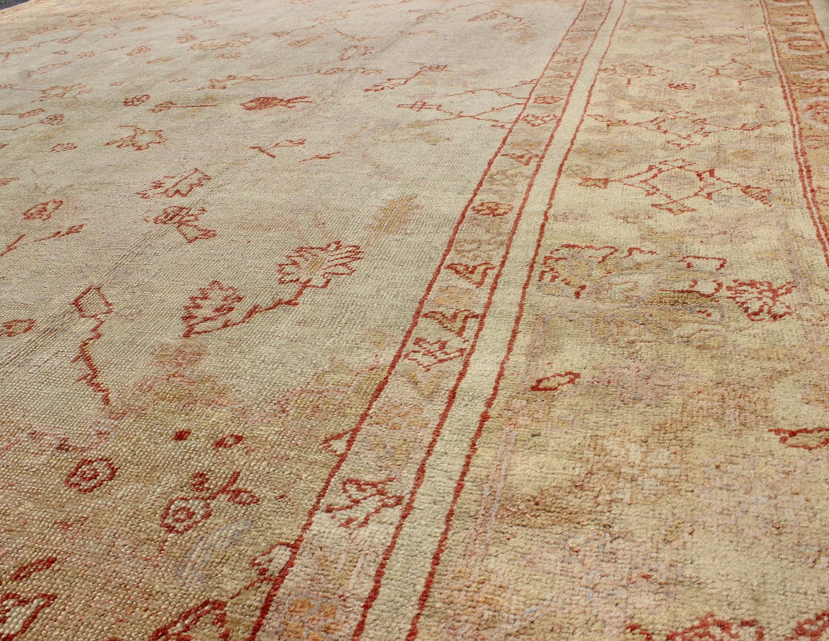 Antique Turkish Oushak Carpet In Red, Cream, and Yellow with A Muted Design. Keivan Woven Arts / rug CHM - 1623, country of origin / type: Turkey / Oushak, circa 1900 Measures: 10' x 12'5. This splendid, demure carpet from the turn of the 20th Cent... - Keivan Woven ArtsCHM - 1623 - 643Rug