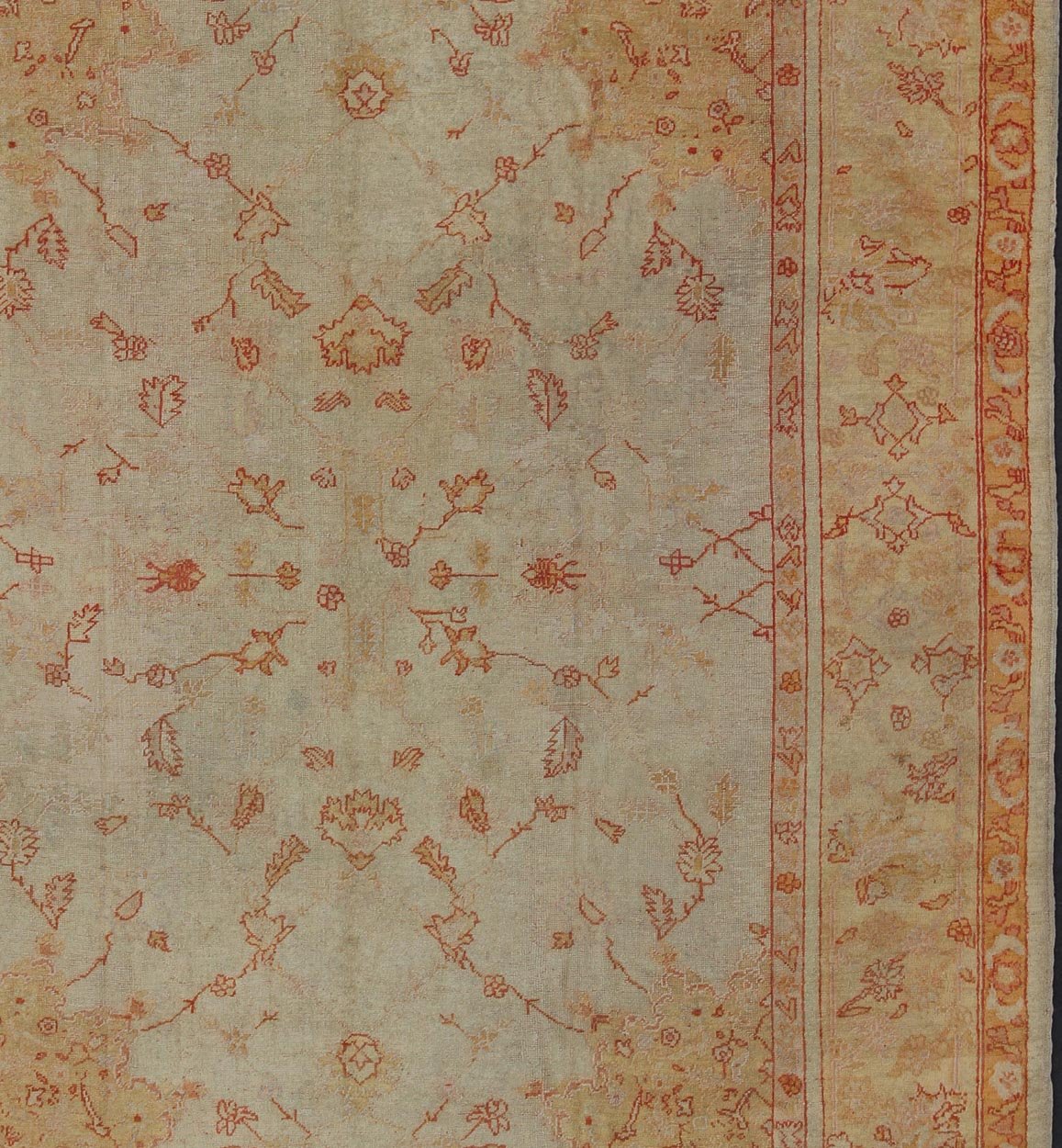 Antique Turkish Oushak Carpet In Red, Cream, and Yellow with A Muted Design. Keivan Woven Arts / rug CHM - 1623, country of origin / type: Turkey / Oushak, circa 1900 Measures: 10' x 12'5. This splendid, demure carpet from the turn of the 20th Cent... - Keivan Woven ArtsCHM - 1623 - 643Rug