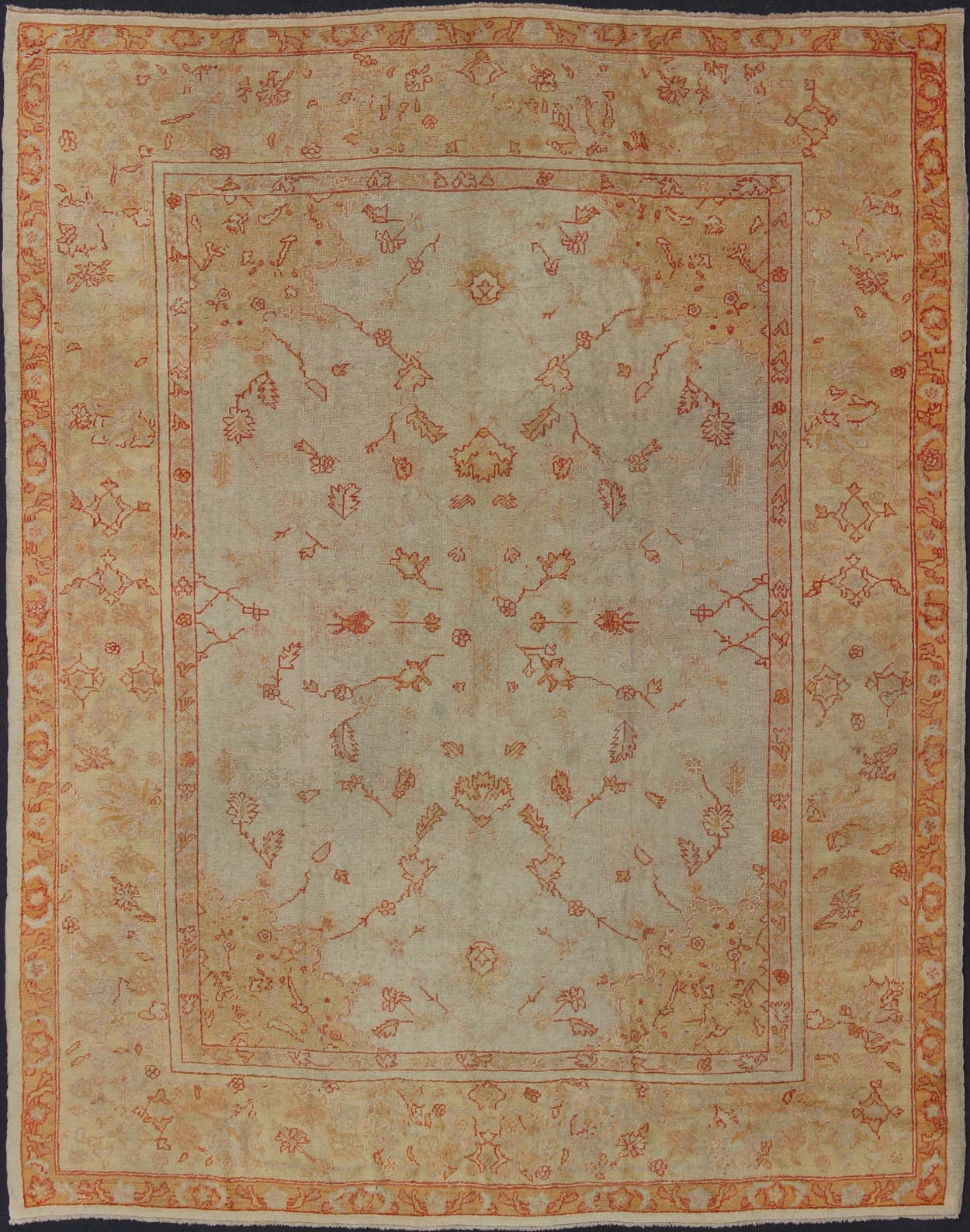 Antique Turkish Oushak Carpet In Red, Cream, and Yellow with A Muted Design. Keivan Woven Arts / rug CHM - 1623, country of origin / type: Turkey / Oushak, circa 1900 Measures: 10' x 12'5. This splendid, demure carpet from the turn of the 20th Cent... - Keivan Woven ArtsCHM - 1623 - 643Rug