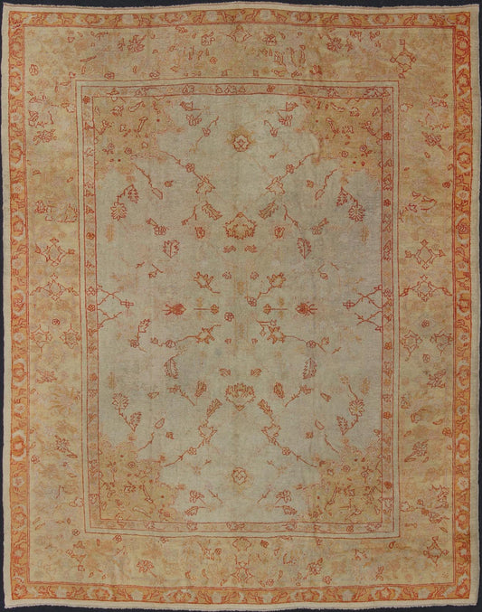 Antique Turkish Oushak Carpet In Red, Cream, and Yellow with A Muted Design. Keivan Woven Arts / rug CHM - 1623, country of origin / type: Turkey / Oushak, circa 1900 Measures: 10' x 12'5. This splendid, demure carpet from the turn of the 20th Cent... - Keivan Woven ArtsCHM - 1623 - 643Rug