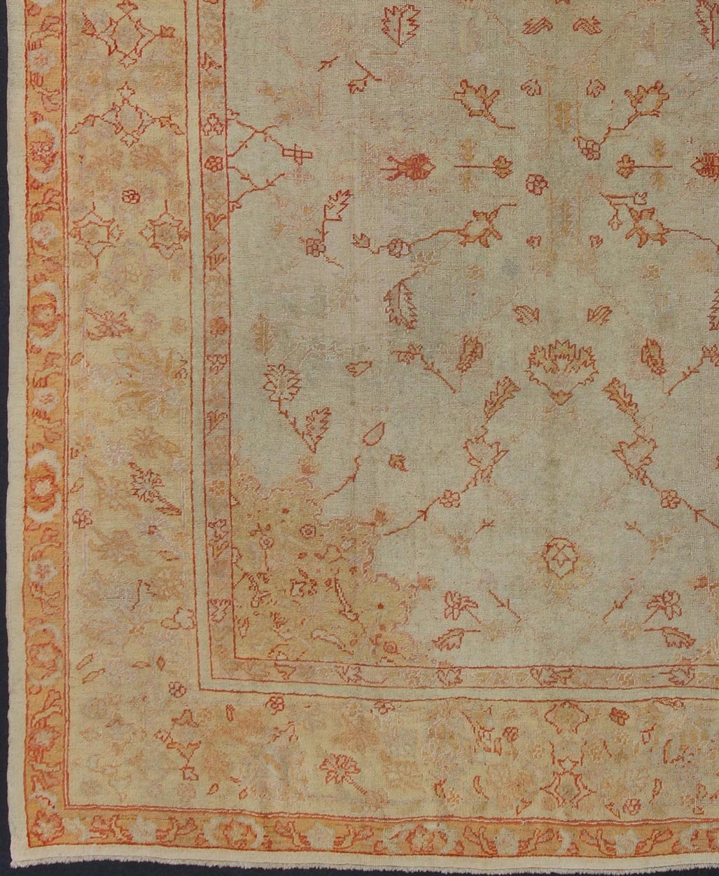 Antique Turkish Oushak Carpet In Red, Cream, and Yellow with A Muted Design. Keivan Woven Arts / rug CHM - 1623, country of origin / type: Turkey / Oushak, circa 1900 Measures: 10' x 12'5. This splendid, demure carpet from the turn of the 20th Cent... - Keivan Woven ArtsCHM - 1623 - 643Rug