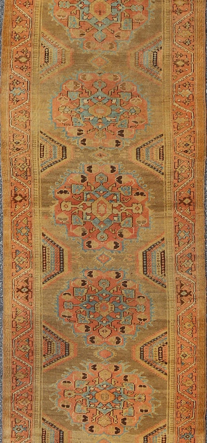 Early 20th Century Antique Oushak Runner with Medallions in Sand, Pink and Blue, rug chm - 2306, country of origin / type: Turkey / Oushak, circa 1920 This compelling and unique Oushak runner was made in the early 20th century, circa 1920, in Turk... - Keivan Woven ArtsCHM - 2306 - 1442Rug