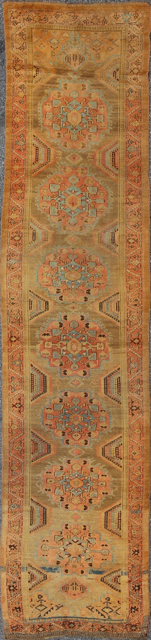 Early 20th Century Antique Oushak Runner with Medallions in Sand, Pink and Blue, rug chm - 2306, country of origin / type: Turkey / Oushak, circa 1920 This compelling and unique Oushak runner was made in the early 20th century, circa 1920, in Turk... - Keivan Woven ArtsCHM - 2306 - 1442Rug