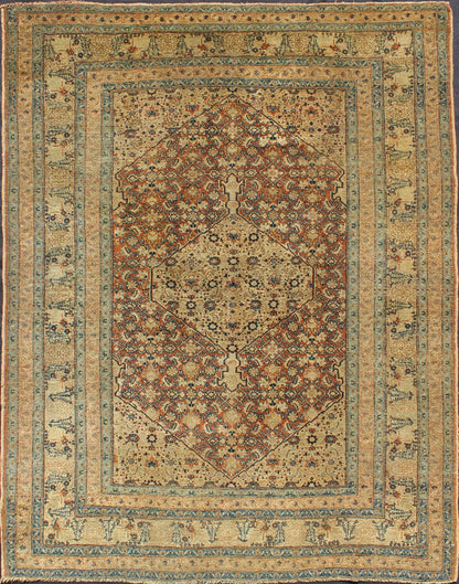 Antique Persian Tabriz Haj Jalili Rug This antique Persian Tabriz Haj Jalili rug features a sophisticated design and an unusual and unique color combination. Light gold and Persian blue stitching create a truly remarkable design in the center of... - Keivan Woven ArtsCN - 90801 - 1424Rug