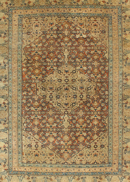 Antique Persian Tabriz Haj Jalili Rug This antique Persian Tabriz Haj Jalili rug features a sophisticated design and an unusual and unique color combination. Light gold and Persian blue stitching create a truly remarkable design in the center of... - Keivan Woven ArtsCN - 90801 - 1424Rug