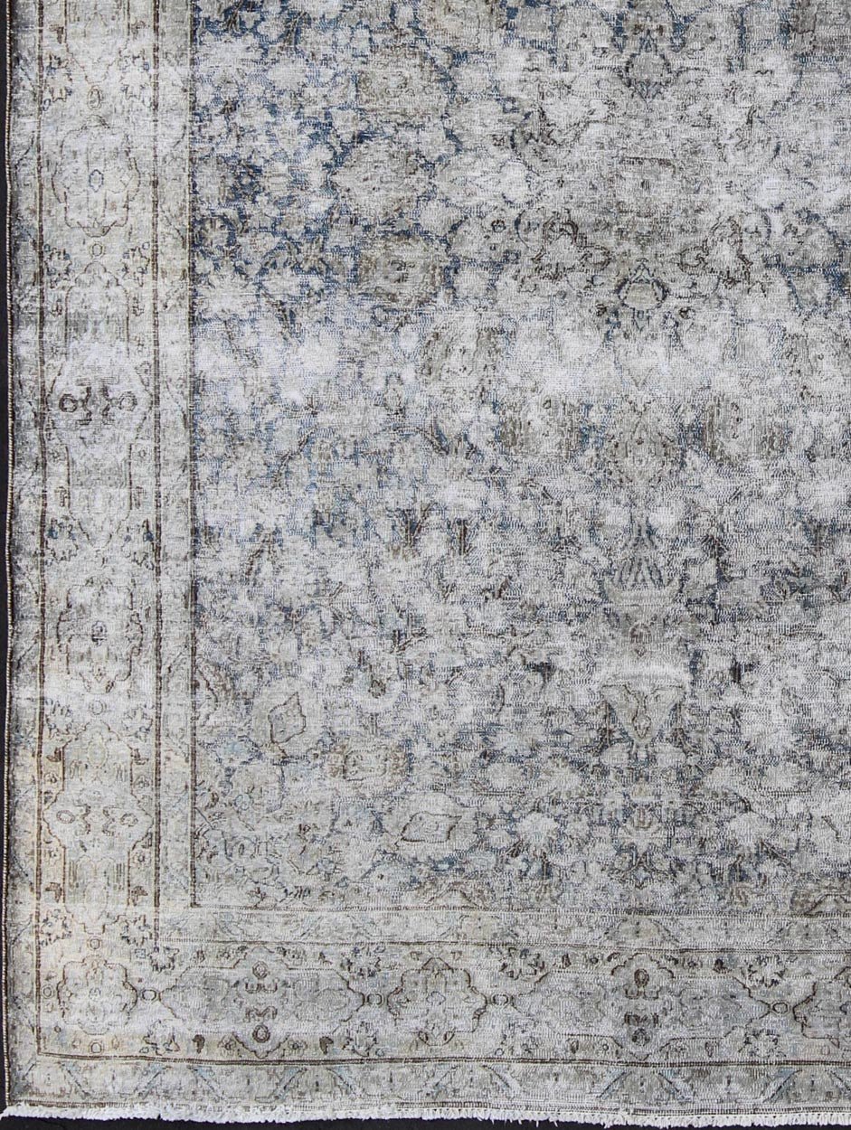 Vintage Persian Distressed rug with modern design in blue and gray faded all - over design from 1950s Persia, rug crv - 10046461, country of origin / type: Iran / Distressed modern, circa 1950. This Persian rug is one - of - a - kind with a distressed fi... - Keivan Woven ArtsCRV - 10046461 - 10496Rug