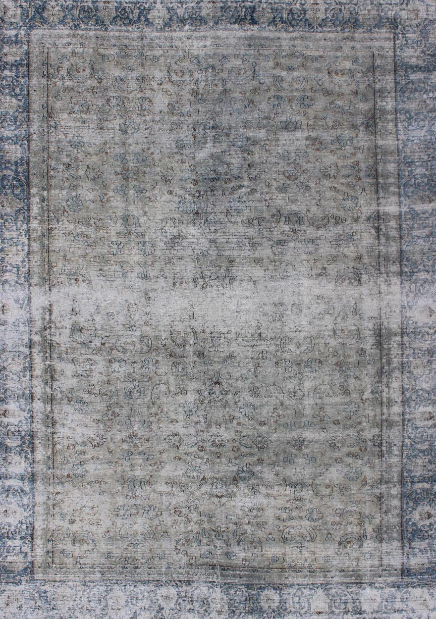 Blue/grey vintage Persian distressed rug with modern and rustic design in shades of gray and ivory, rug crv - 10046466, country of origin / type: Iran / distressed modern, circa 1950. This Persian rug is one - of - a - kind with a distressed finish that... - Keivan Woven ArtsCRV - 10046466 - 10500Rug