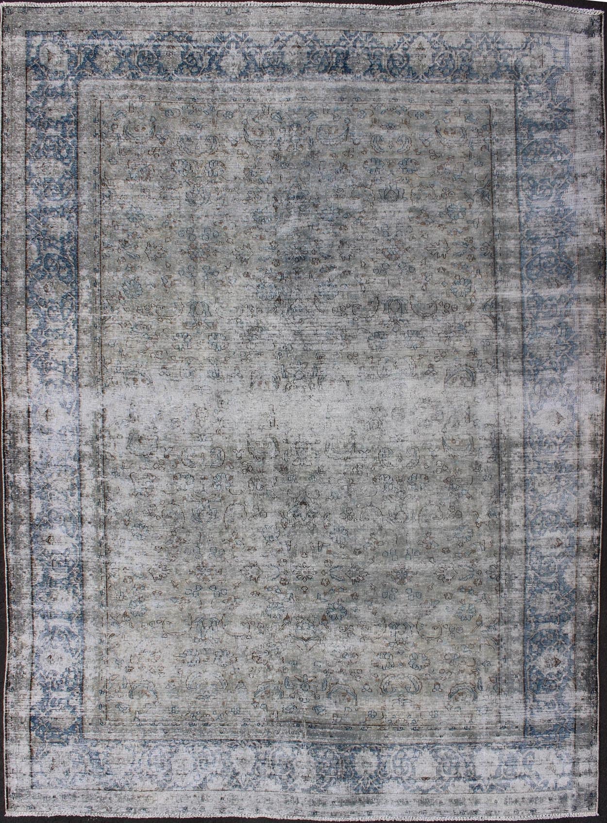 Blue/grey vintage Persian distressed rug with modern and rustic design in shades of gray and ivory, rug crv - 10046466, country of origin / type: Iran / distressed modern, circa 1950. This Persian rug is one - of - a - kind with a distressed finish that... - Keivan Woven ArtsCRV - 10046466 - 10500Rug
