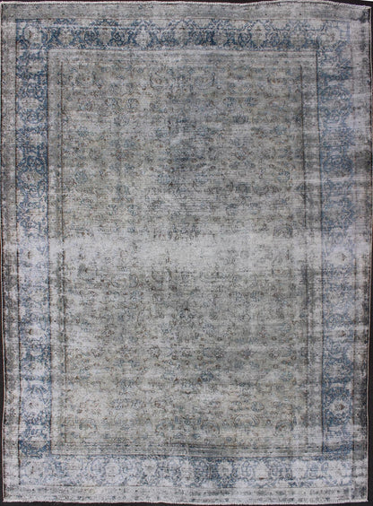 Blue/grey vintage Persian distressed rug with modern and rustic design in shades of gray and ivory, rug crv - 10046466, country of origin / type: Iran / distressed modern, circa 1950. This Persian rug is one - of - a - kind with a distressed finish that... - Keivan Woven ArtsCRV - 10046466 - 10500Rug
