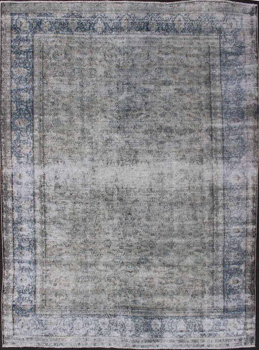 Blue/grey vintage Persian distressed rug with modern and rustic design in shades of gray and ivory, rug crv - 10046466, country of origin / type: Iran / distressed modern, circa 1950. This Persian rug is one - of - a - kind with a distressed finish that... - Keivan Woven ArtsCRV - 10046466 - 10500Rug