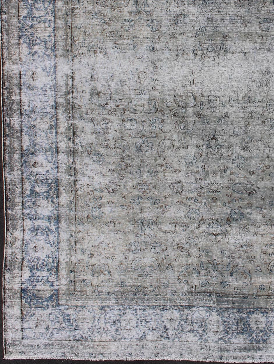 Blue/grey vintage Persian distressed rug with modern and rustic design in shades of gray and ivory, rug crv - 10046466, country of origin / type: Iran / distressed modern, circa 1950. This Persian rug is one - of - a - kind with a distressed finish that... - Keivan Woven ArtsCRV - 10046466 - 10500Rug