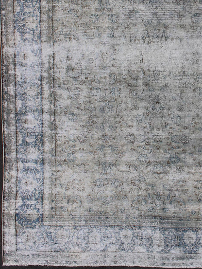Blue/grey vintage Persian distressed rug with modern and rustic design in shades of gray and ivory, rug crv - 10046466, country of origin / type: Iran / distressed modern, circa 1950. This Persian rug is one - of - a - kind with a distressed finish that... - Keivan Woven ArtsCRV - 10046466 - 10500Rug