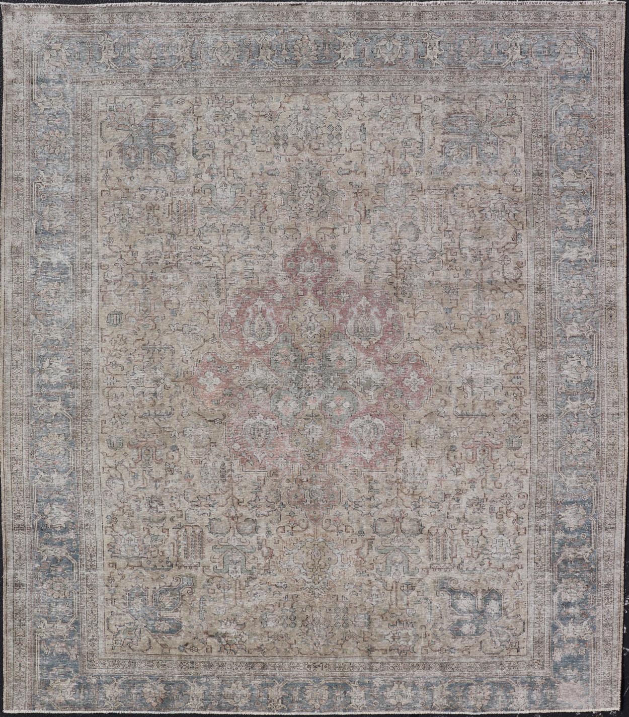 Vintage Distressed Persian Tabriz Rug in Light Blue and Earth Tones by Keivan Woven Arts Vintage Muted Persian Tabriz Rug With Large Tribal Medallion in Earthy Tones. Vintage Distressed Persian Rug. Vintage Muted Persian Tabriz Rug With Large Tr... - Keivan Woven ArtsCRV - 10056227 - 21511