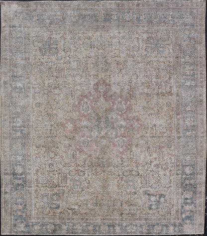 Vintage Distressed Persian Tabriz Rug in Light Blue and Earth Tones by Keivan Woven Arts Vintage Muted Persian Tabriz Rug With Large Tribal Medallion in Earthy Tones. Vintage Distressed Persian Rug. Vintage Muted Persian Tabriz Rug With Large Tr... - Keivan Woven ArtsCRV - 10056227 - 21511