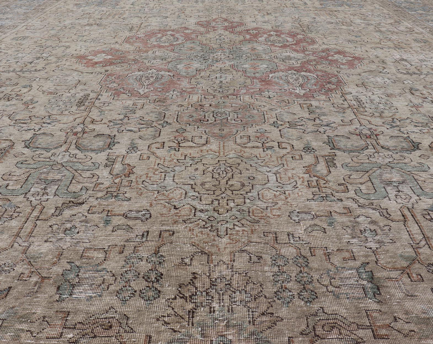 Vintage Distressed Persian Tabriz Rug in Light Blue and Earth Tones by Keivan Woven Arts Vintage Muted Persian Tabriz Rug With Large Tribal Medallion in Earthy Tones. Vintage Distressed Persian Rug. Vintage Muted Persian Tabriz Rug With Large Tr... - Keivan Woven ArtsCRV - 10056227 - 21511