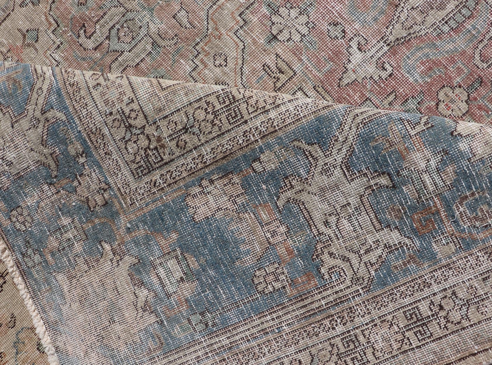 Vintage Distressed Persian Tabriz Rug in Light Blue and Earth Tones by Keivan Woven Arts Vintage Muted Persian Tabriz Rug With Large Tribal Medallion in Earthy Tones. Vintage Distressed Persian Rug. Vintage Muted Persian Tabriz Rug With Large Tr... - Keivan Woven ArtsCRV - 10056227 - 21511Rug
