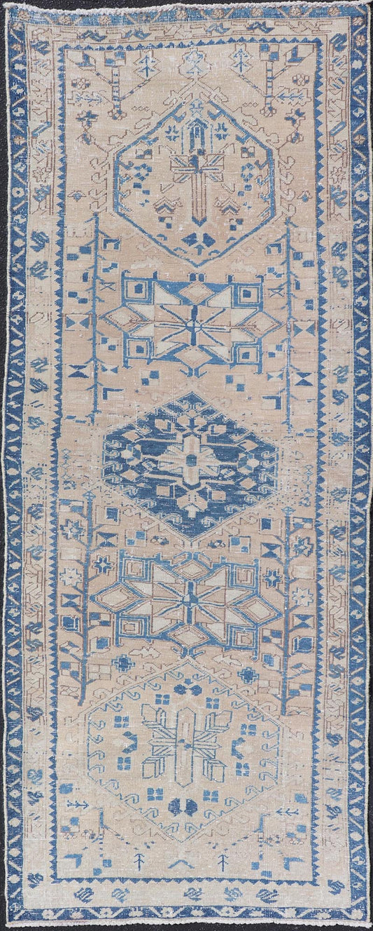 Vintage Persian Heriz Runner with Medallions in Light brown, Tan and Various Blue. Keivan Woven Arts rug CRV - 10056887, country of origin / type: Iran / Heriz, circa mid - 20th century Measures: 3'4 x 9'7 This magnificent Persian rug from the m... - Keivan Woven ArtsCRV - 10056887 - 21409