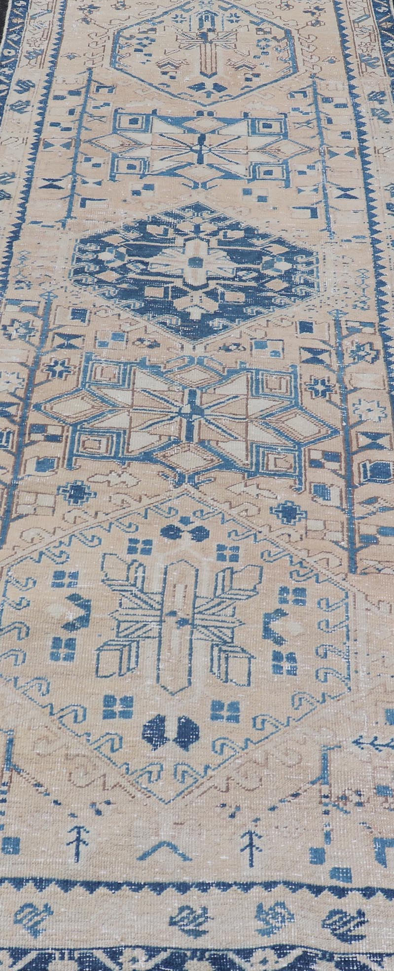 Vintage Persian Heriz Runner with Medallions in Light brown, Tan and Various Blue. Keivan Woven Arts rug CRV - 10056887, country of origin / type: Iran / Heriz, circa mid - 20th century Measures: 3'4 x 9'7 This magnificent Persian rug from the m... - Keivan Woven ArtsCRV - 10056887 - 21409Rug
