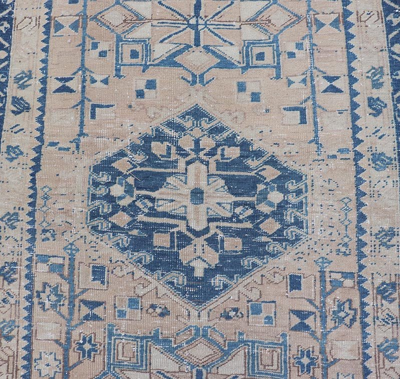 Vintage Persian Heriz Runner with Medallions in Light brown, Tan and Various Blue. Keivan Woven Arts rug CRV - 10056887, country of origin / type: Iran / Heriz, circa mid - 20th century Measures: 3'4 x 9'7 This magnificent Persian rug from the m... - Keivan Woven ArtsCRV - 10056887 - 21409Rug