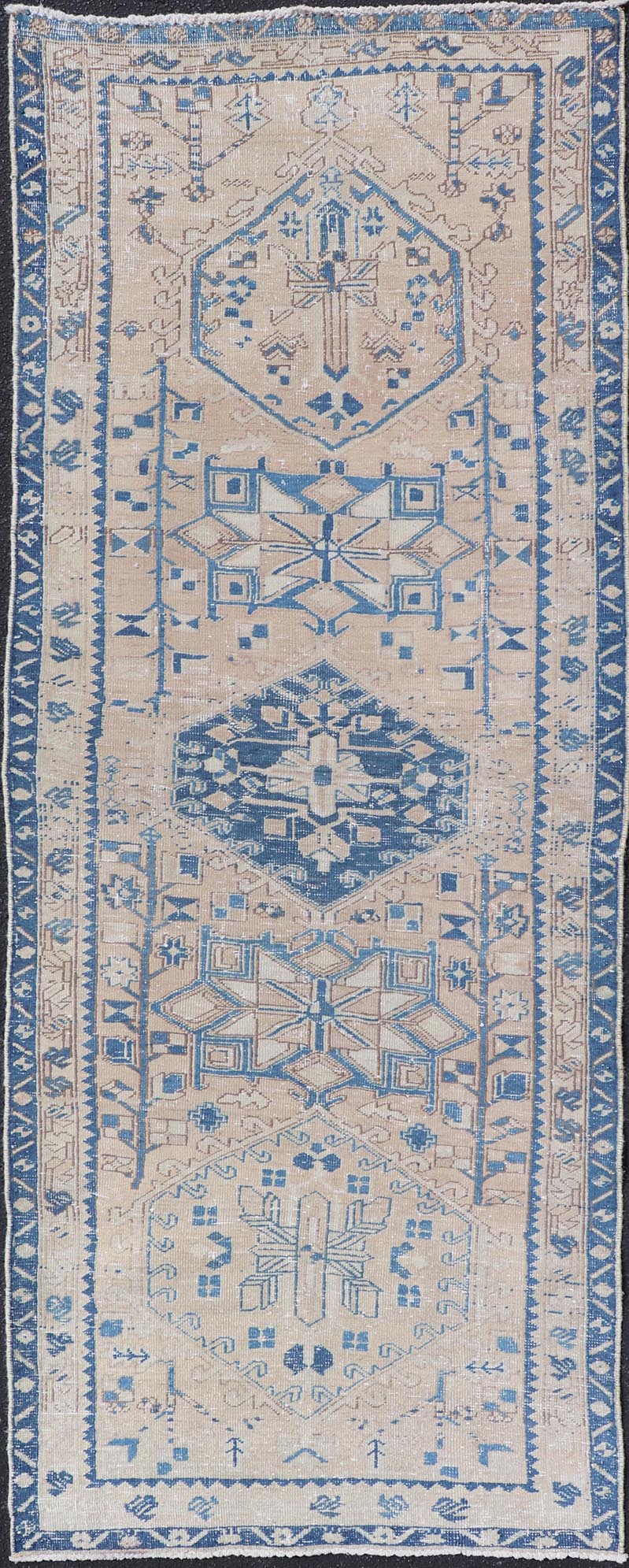 Vintage Persian Heriz Runner with Medallions in Light brown, Tan and Various Blue. Keivan Woven Arts rug CRV - 10056887, country of origin / type: Iran / Heriz, circa mid - 20th century Measures: 3'4 x 9'7 This magnificent Persian rug from the m... - Keivan Woven ArtsCRV - 10056887 - 21409Rug
